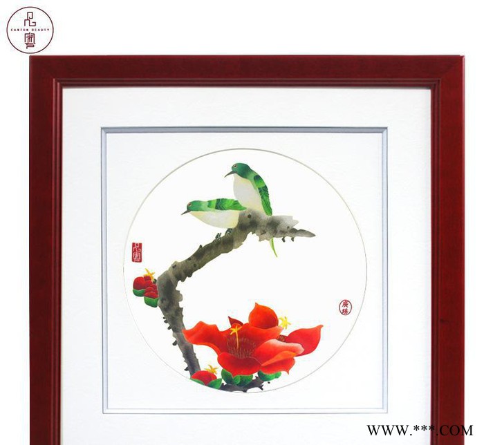 家居装饰画 现代实木有框花鸟工艺画品粤纯手工刺绣红棉双鸟图3