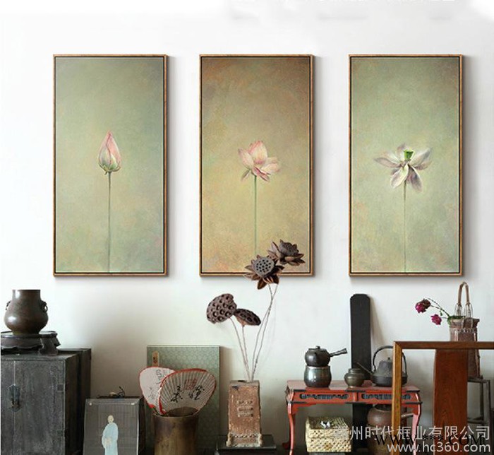 新中式简约北欧荷花三联客厅装饰画卧室餐厅玄关挂画壁画工艺画图2