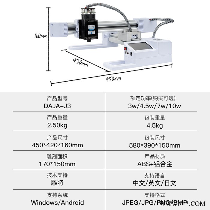 雕将J3大功率5.5W小型激光雕刻机 微型打标机 迷你刻字机 家用切割机 可雕刻金属漆面、木材、竹材、塑胶、皮革、骨头等图2