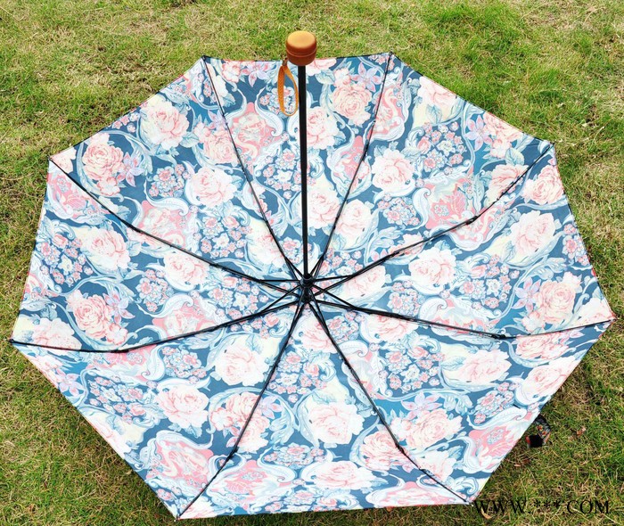 定做折叠伞 **牡丹雨伞三折伞 加粗黑镍中棒木手柄太阳伞图2