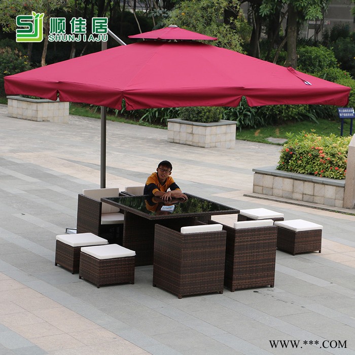 户外休闲藤椅家具咖啡奶茶店带太阳伞室外庭院遮阳伞桌椅组合套件 户外家具