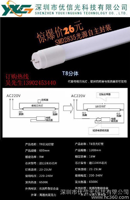 供应优信光灯泡 T5 T8日光灯LED灯泡 日光灯管