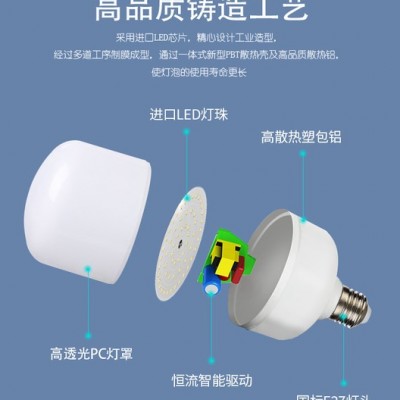 点点T灯  led灯泡e27螺口节能灯泡T泡大功率光源厂家批发家用商用车间工厂照明超亮球泡灯 30w 白光