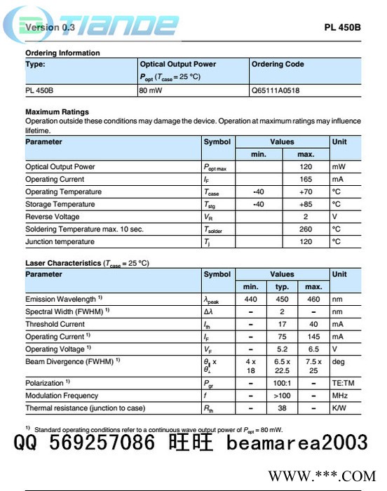 供应蓝光激光模组 450nm80mw 进口蓝光LD草坪 激光灯专用模组天得激光厂家