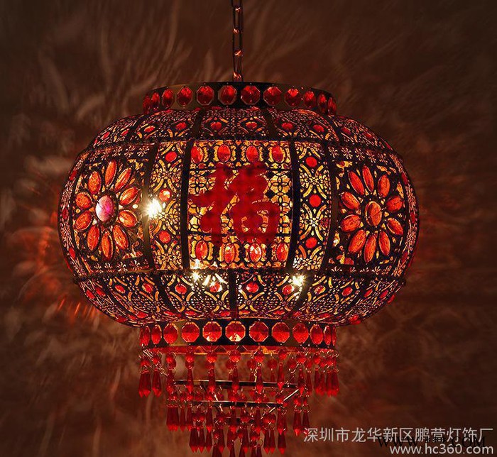 创意led水晶灯笼吊灯 旋转四福字大红喜庆铁艺水晶红灯笼图3