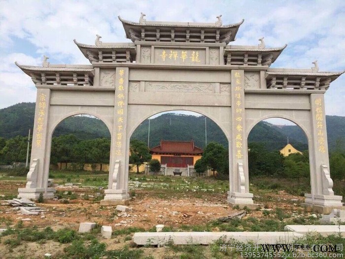 山东文朔石业常年销售三门五楼石牌楼 寺庙山门牌坊制作 石门楼图2