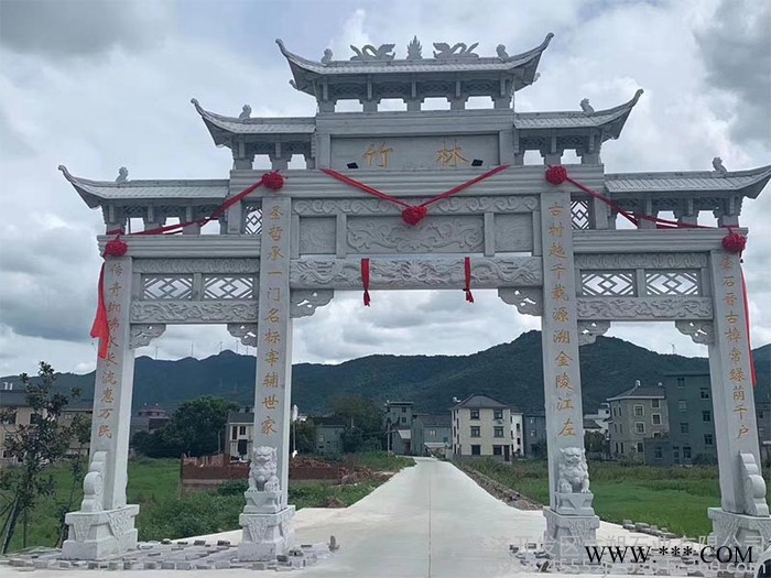 山东文朔石业常年销售三门五楼石牌楼 寺庙山门牌坊制作 石门楼图3