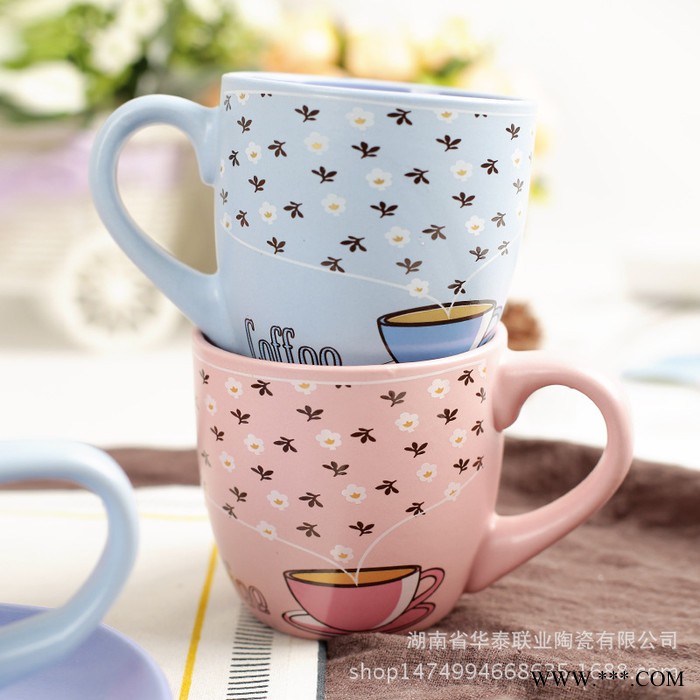 创意陶瓷杯碟 日式马克杯子定制 色釉烤花设计 黄色 蓝色咖啡杯套图1