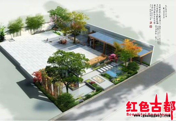 佛山红色古都庭院园林设计花园木屋市政公园中式元素设计古建设计欧式庭院海派庭院设计图2