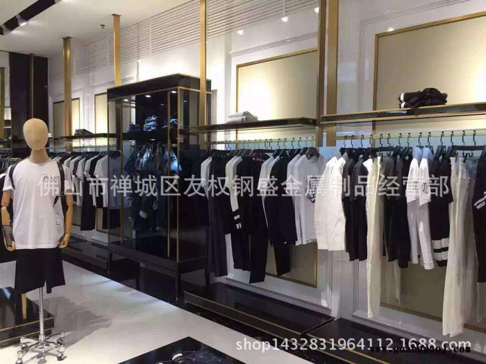 工厂镜面玫瑰金服装展架 服装专卖店镜面黄钛金中岛挂架
