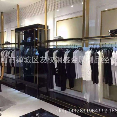 工厂镜面玫瑰金服装展架 服装专卖店镜面黄钛金中岛挂架