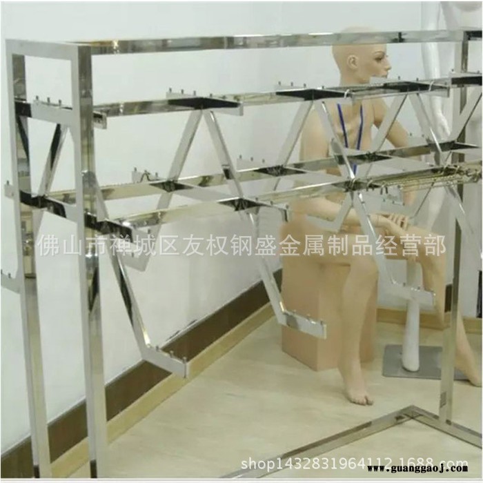 工厂镜面玫瑰金服装展架 服装专卖店镜面黄钛金中岛挂架图2