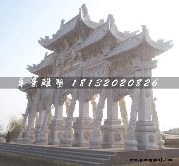汉白玉石牌楼，村口标志牌楼石雕图8