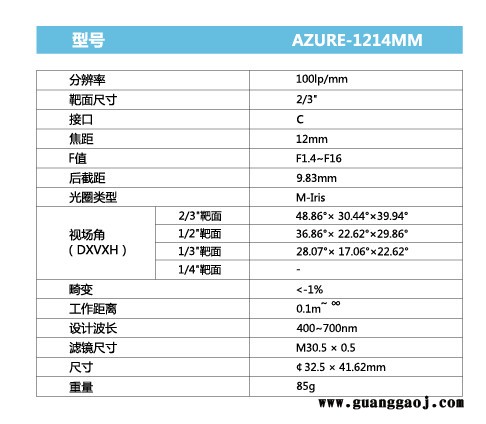 浩蓝光电AZUREphotonics AZURE-1214MM 手动光圈定焦镜头图2