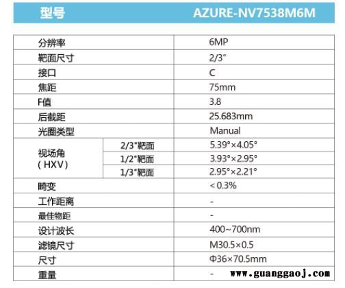 浩蓝光电AZUREphotonics AZURE-NV7538M6M 手动光圈定焦镜头图4
