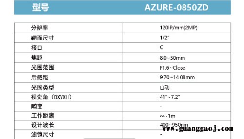 浩蓝光电AZUREphotonics    AZURE-0850ZD    手动光圈变焦镜头图4