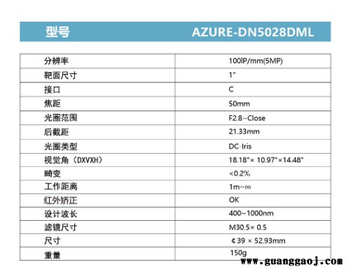 浩蓝光电AZUREphotonics    AZURE-DN5028DML    日夜型靶面镜头图5