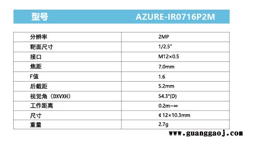 浩蓝光电AZUREphotonics    AZURE-IR0716P2M    工业扳机镜头图2