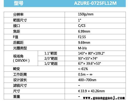 浩蓝光电AZUREphotonics AZURE-0725FL12M 手动光圈定焦镜头图1