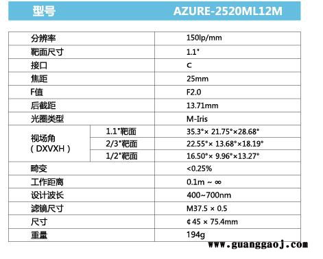 浩蓝光电AZUREphotonics  AZURE-2520ML12M  手动光圈定焦镜头图1