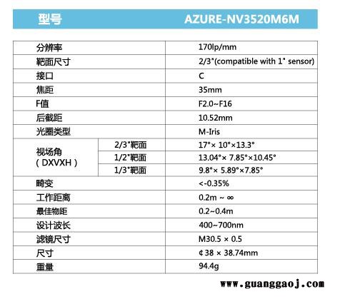浩蓝光电AZUREphotonics AZURE-NV3520M6M 手动光圈定焦镜头图2