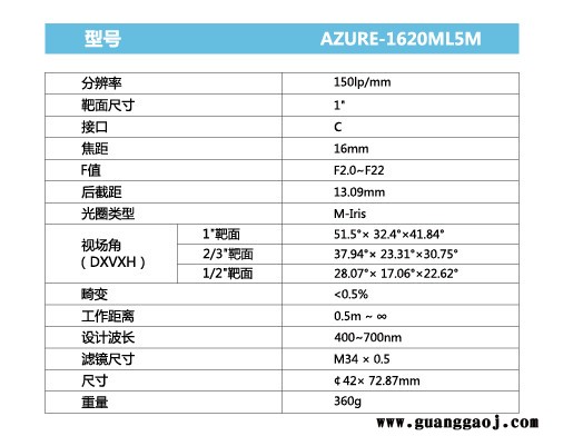 浩蓝光电AZUREphotonics AZURE-1620ML5M 手动光圈定焦镜头图1