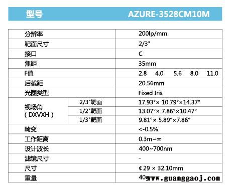 浩蓝光电AZUREphotonics AZURE-3528CM10M 手动光圈定焦镜头图1