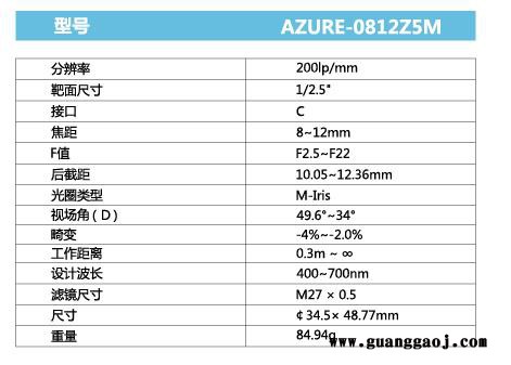 浩蓝光电AZUREphotonics AZURE-0812Z5M 手动光圈定焦镜头图4