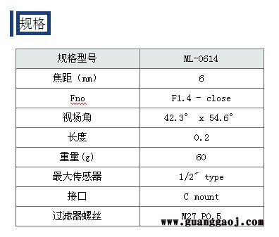 日本茉丽特     C口系列       ML-0614     百万像素    工业镜头图4