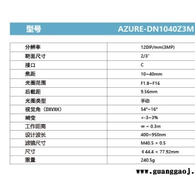 浩蓝光电AZUREphotonics   AZURE-DN1040Z3M  大光圈镜头