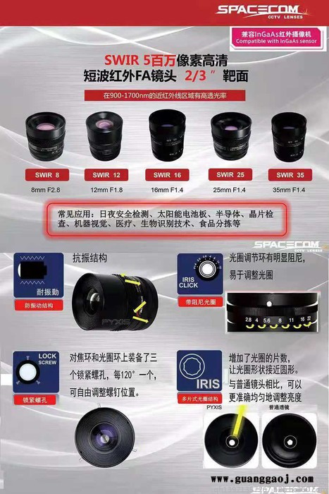 SPACECOM  2/3靶面短波SWIR镜头JHF8M-5MP SWIR 定焦8mm焦距 原装包售后图5