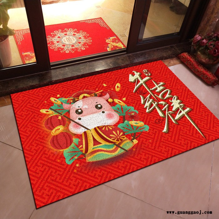 新年春节牛年入户门垫 过年红色喜庆门口家用进门地毯 脚垫防滑牛年家用门垫 玄关蹭土地毯定制 地毯批发 津软地毯厂家图6
