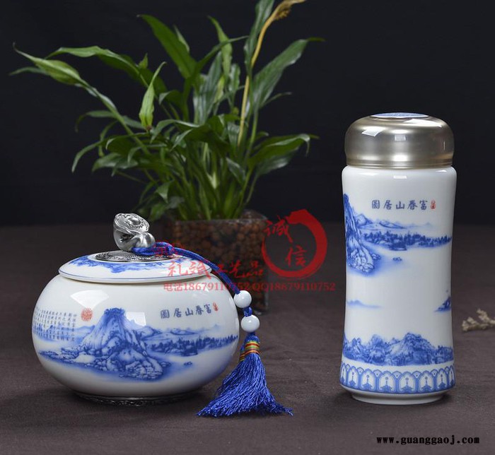 乌海创意同学聚会公司总结会议礼品 青花瓷保温杯茶叶罐套装定制图3