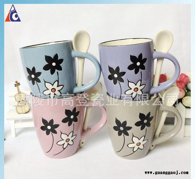 色釉花卉陶瓷带勺咖啡杯定制LOGO广告促销赠品咖啡创意礼品