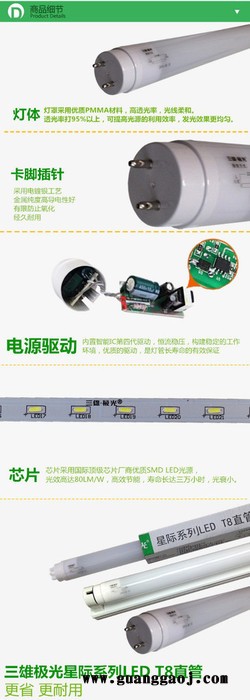 三雄极光led灯管t5灯管一体化 超亮无影日光灯支架全套0.3-1.2米
