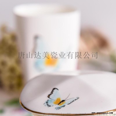 达美瓷业大容量金把金边带盖陶瓷水杯骨瓷马克杯