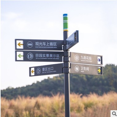 景区复古指示牌导视牌制作、立式标识标牌不锈钢木纹源头厂家制作图2