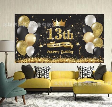 跨境周岁生日派对装饰用品birthday黑金生日快乐横幅背景布置海报图3