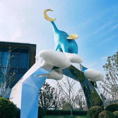 酒店招财金属落地摆件大型不锈钢镜面动物景观广场装饰品大象雕塑