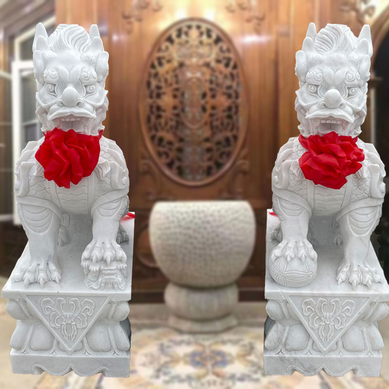 石雕麒麟一对公司酒店住宅别墅门口大理石瑞兽汉白玉龙爪麒麟摆件