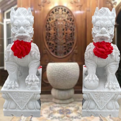 石雕麒麟一对公司酒店住宅别墅门口大理石瑞兽汉白玉龙爪麒麟摆件