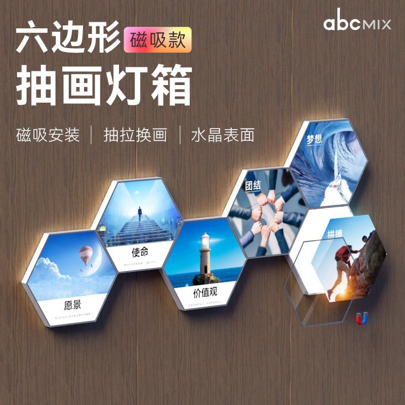 批发六边形抽画背景墙装饰企业文化墙宣传广告画灯箱立体发光灯箱图1
