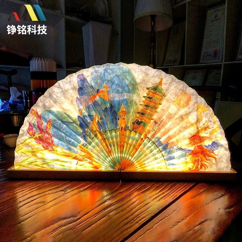 新品爆款 磁吸木制书灯新奇特折叠扇形灯可印刷logo图案led扇子灯图3
